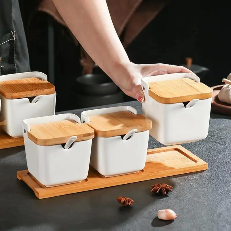 1 Pack Square Ceramic Spice Jar – Japanese Style Seasoning Container with Flip Lid, Korean Kitchen Salt Sugar Holder, Decorative Storage Pot for Cooking, Spices Containers, Kitchen Gadgets