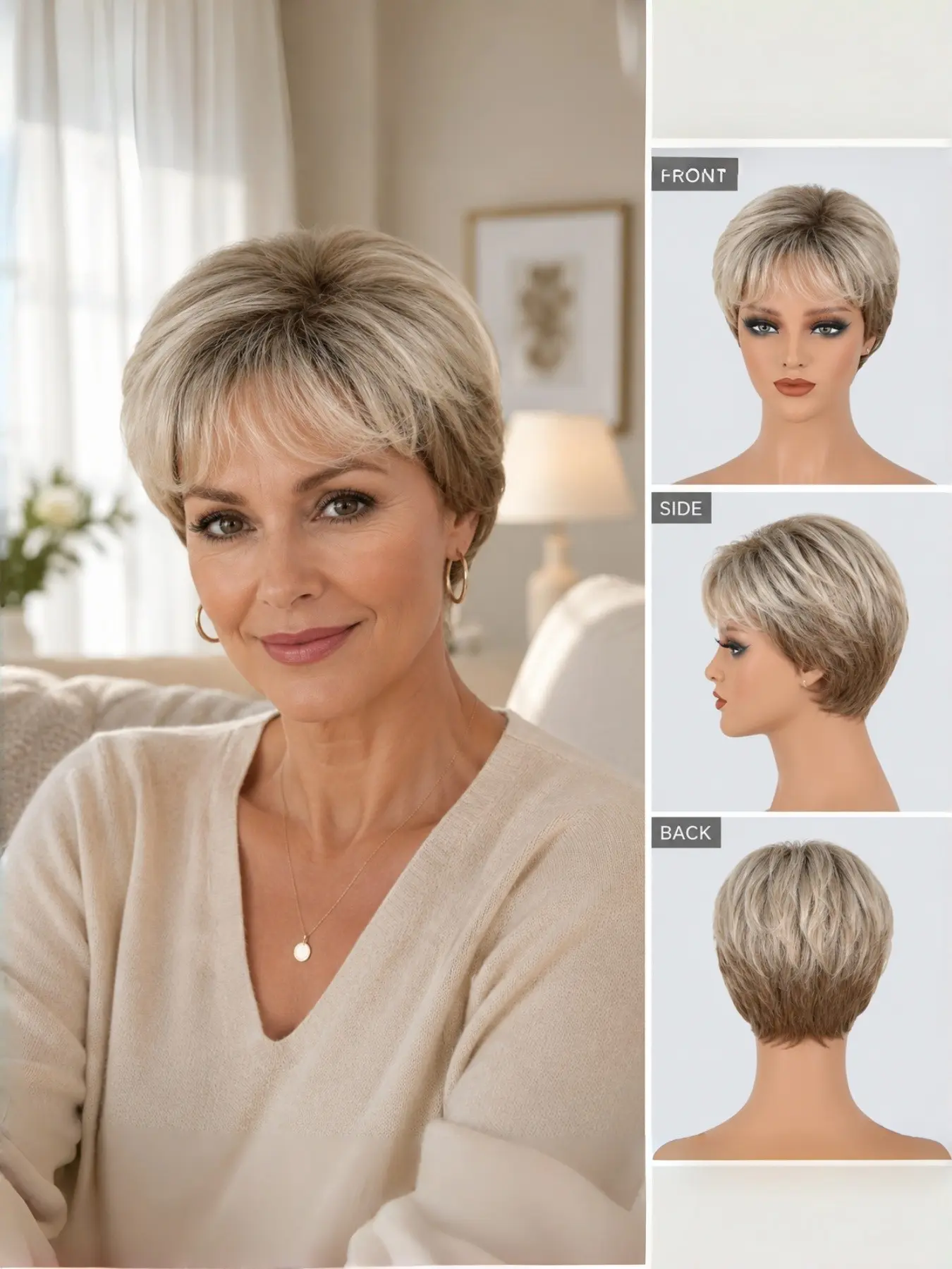 Short-Haired Blonde Champagne-Colored Wig for Mature & Senior Women, with Straight Hair, Suitable for High-Temperature and Heat-Resistant Synthetic Material, for Daily Use by Middle-Aged and Elderly People, Straight Synthetic Wigs