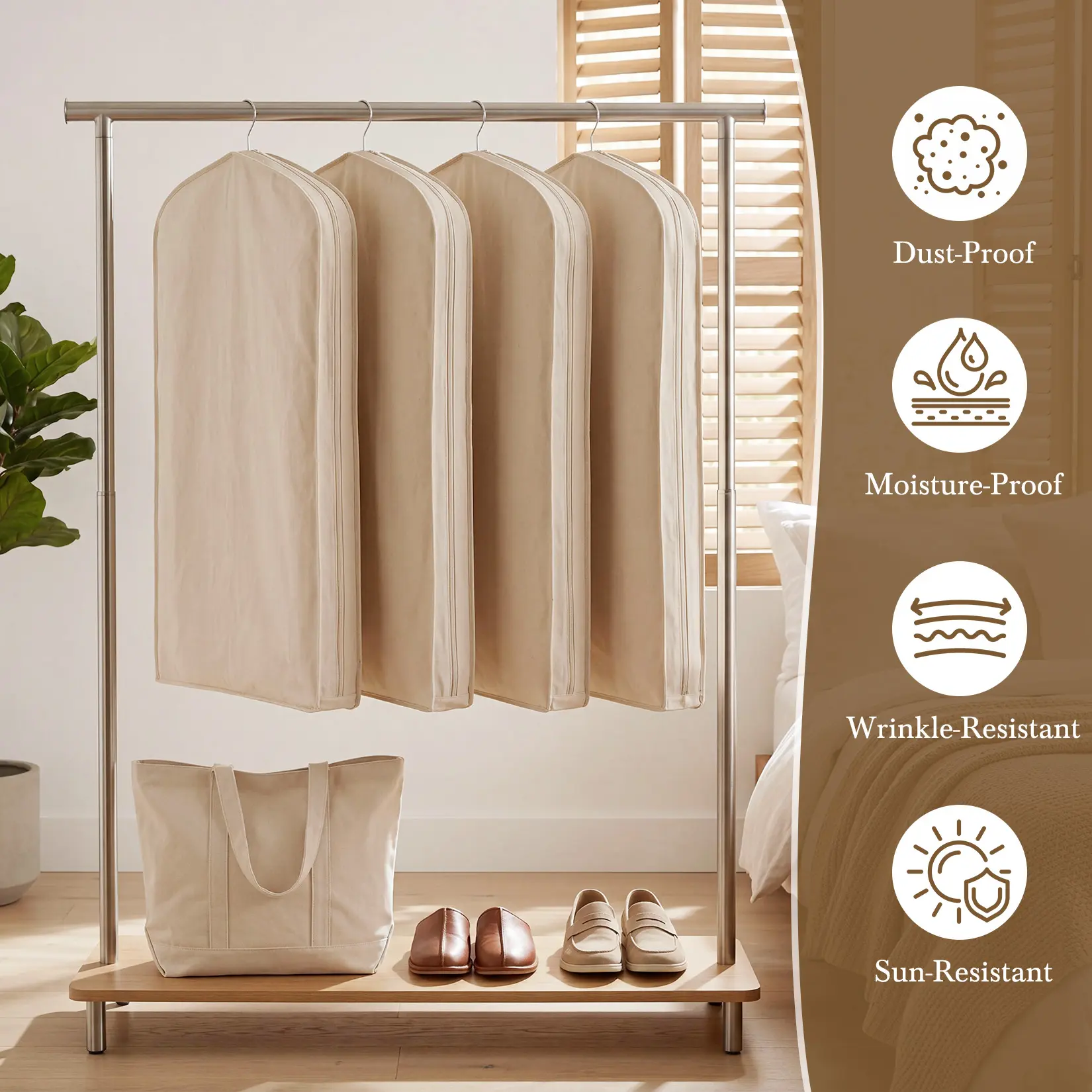 Breathable Cotton Hanging Garment Bags for Closet Storage & Travel – 2 Pack – 42.5" x 23.6" Clothes Covers for Suits, Dresses, Coats – Beige