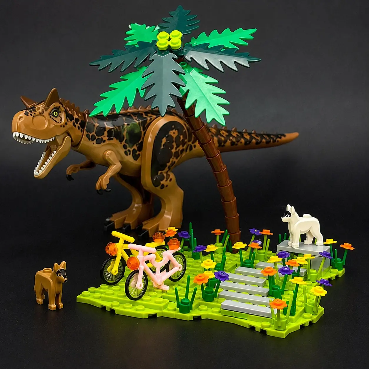 Carnotaurus Dinosaur and Tropical Park Building Block Playset with Poseable Dinosaur, Palm Tree, Flower Garden, Steps, Bench, Bicycles and Animal Figures, Creative Pretend Play Scene for Kids, Display and Gift
