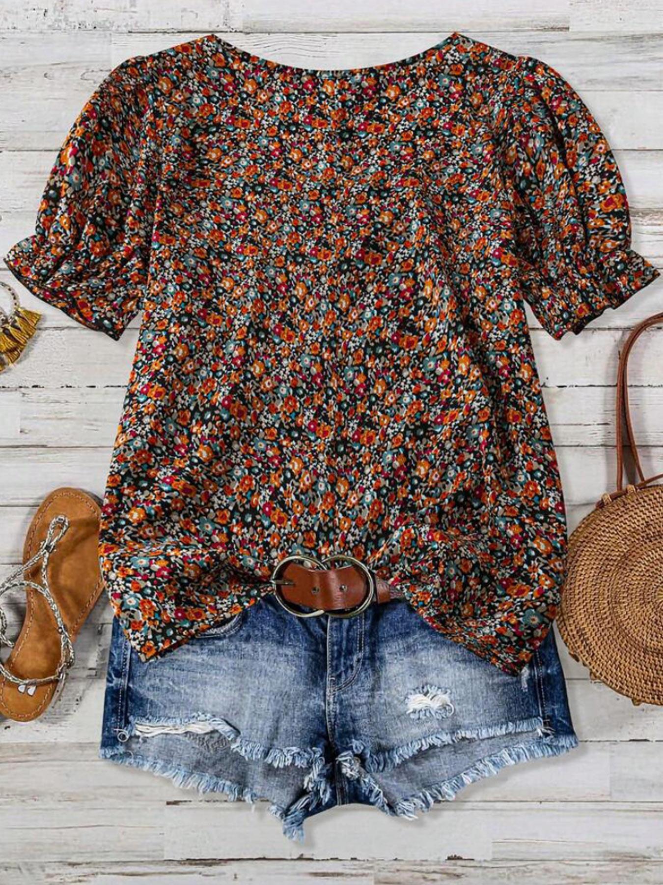 【Plus Size】 Ditsy Floral Print Blouse, Shirts, Casual Short Sleeve Top for Daily Wear, Women Plus Clothing for All Seasons