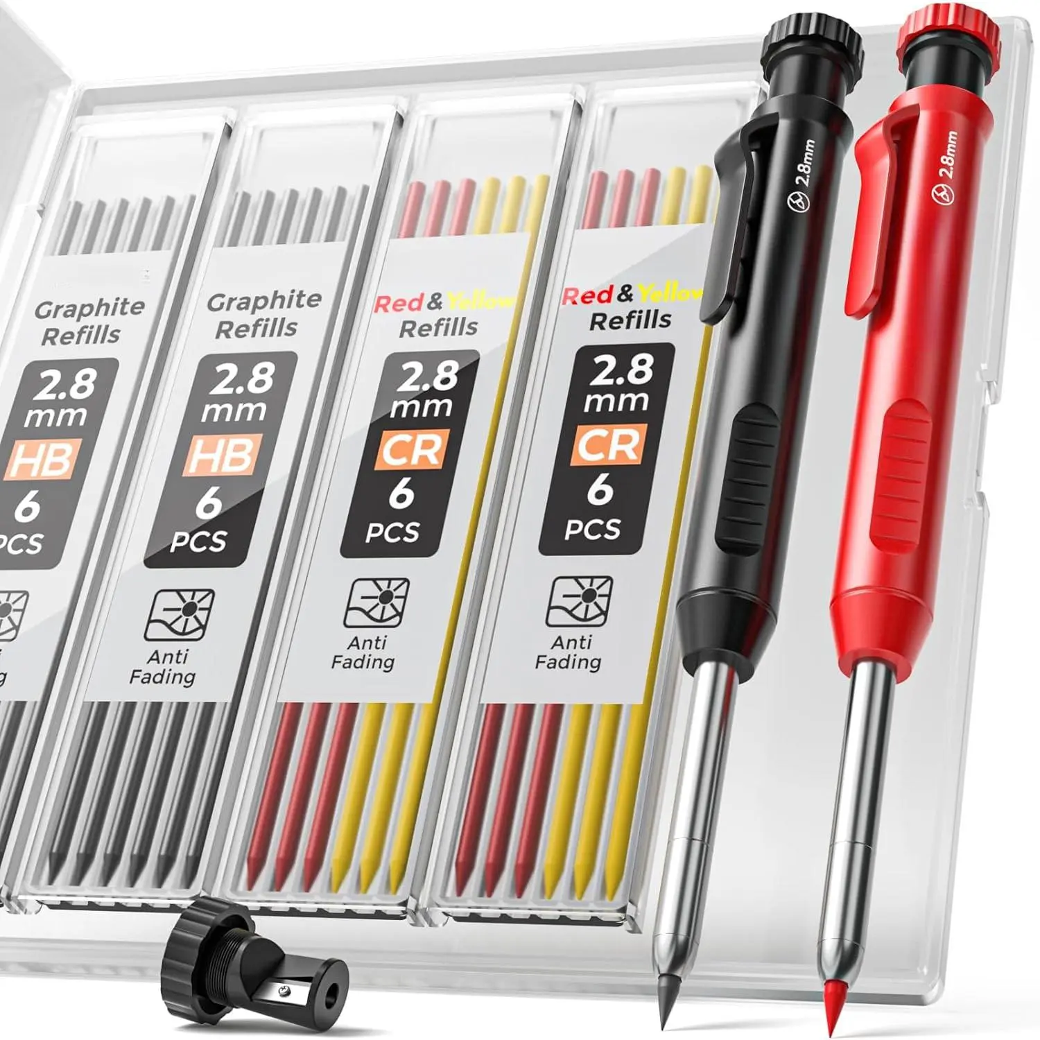 Mechanical Carpenter's Pencil Set with Sharpener, 26 Refill Packs, Sharpens Tips, Deep Hole Marker, Heavy Duty Case, for Construction Architects (Black, Red)
