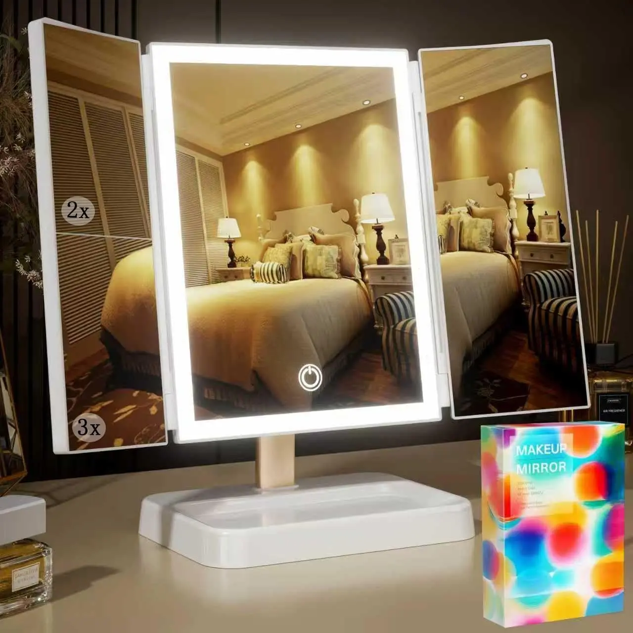 for Mom Makeup Mirror  Mirror with Lights, 14.4" L x 9.1" W Rechargeable Lighted Mirror with 1X 2X 3X Magnification, 76 LEDs & 3 Color Modes, Gifts for Women, Dorm Room Essentials