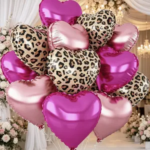 12pcs 18 inch leopard print rose red and pink heart-shaped aluminum foil balloons, perfect for birthday parties, anniversaries, weddings, coming of age ceremonies, bachelor party decorations