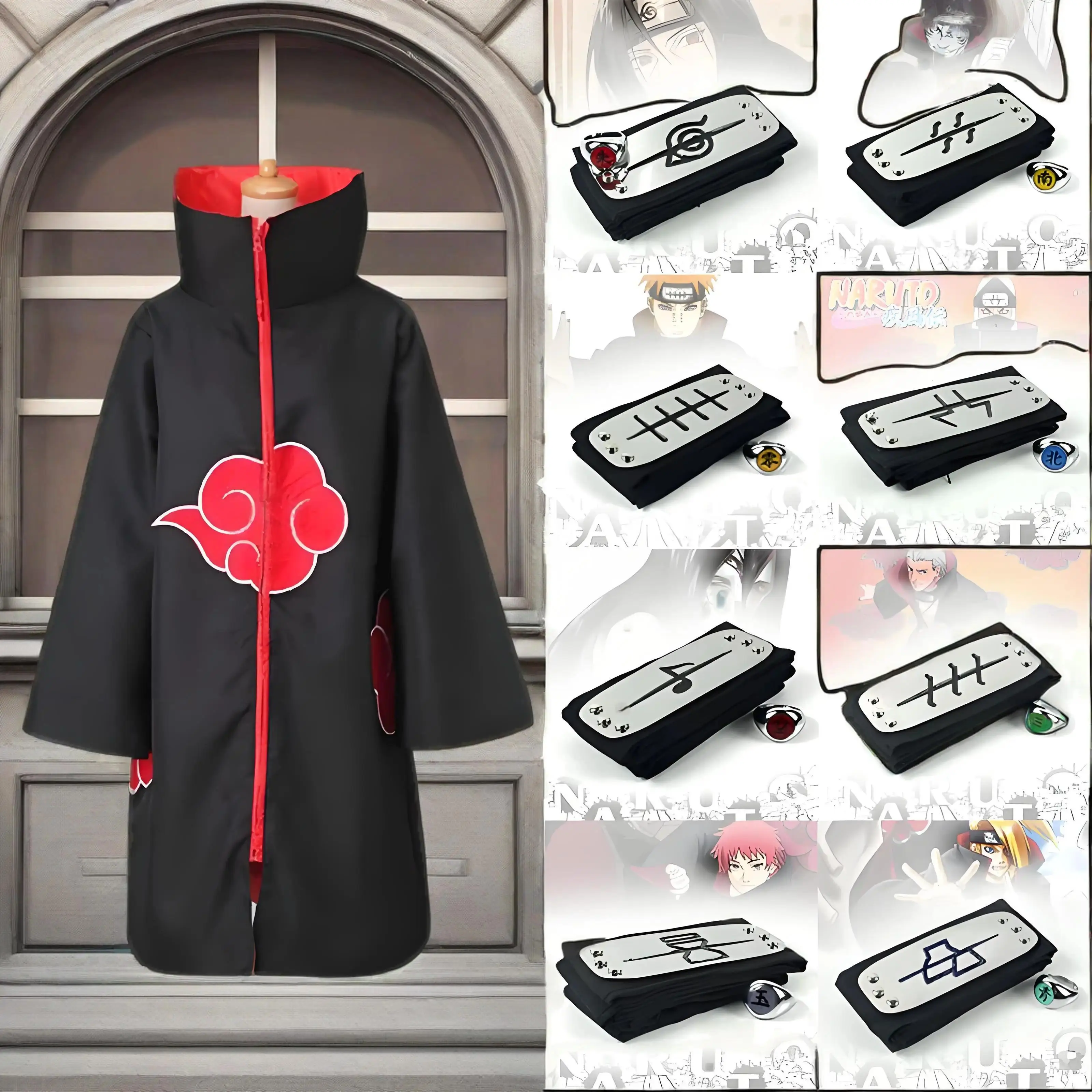 Anime Akatsuki Uchiha Itachi Cosplay Polyester Cloak Cape with Headwear & Metal Rings - 100% New Classic 9T (130-140cm) Cartoon Character Costume, Festive Party Gift for Children