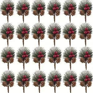 24pcs Artificial Pine Wood, Pine Needle Branches, Small Fake Berries, Christmas Tree DIY Crafts, Holiday Decorations, Festive Ornaments