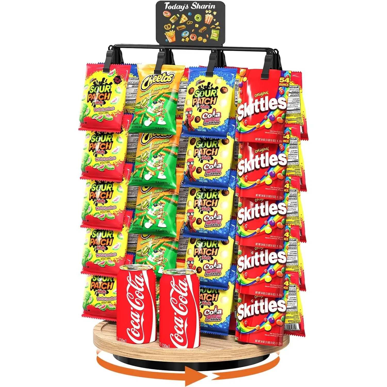 Chip Rack Display Stand, 2 - Side 5 Tiers 40 Clips Snack Organizer | 360°Rotating Wooden Base Chip Holder Candy Display Concession Stand, Chip Bag Holde for Party, Countertop, with Message Board