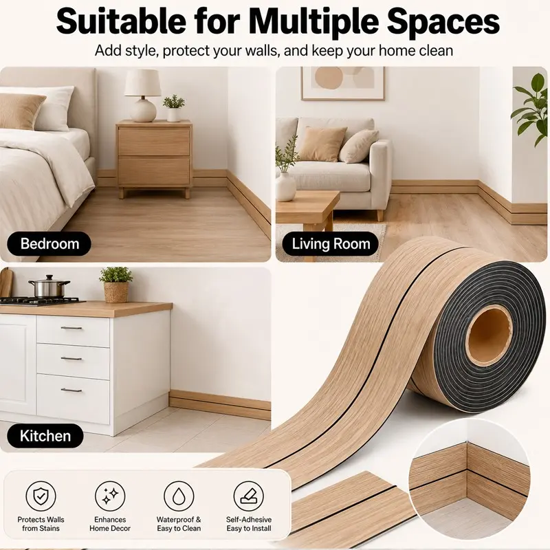 Self-Adhesive PVC Baseboard and Corner Molding, Waterproof Plastic, DIY Ceiling Edge Protection, Modern Striped Panel for Office and Bathroom