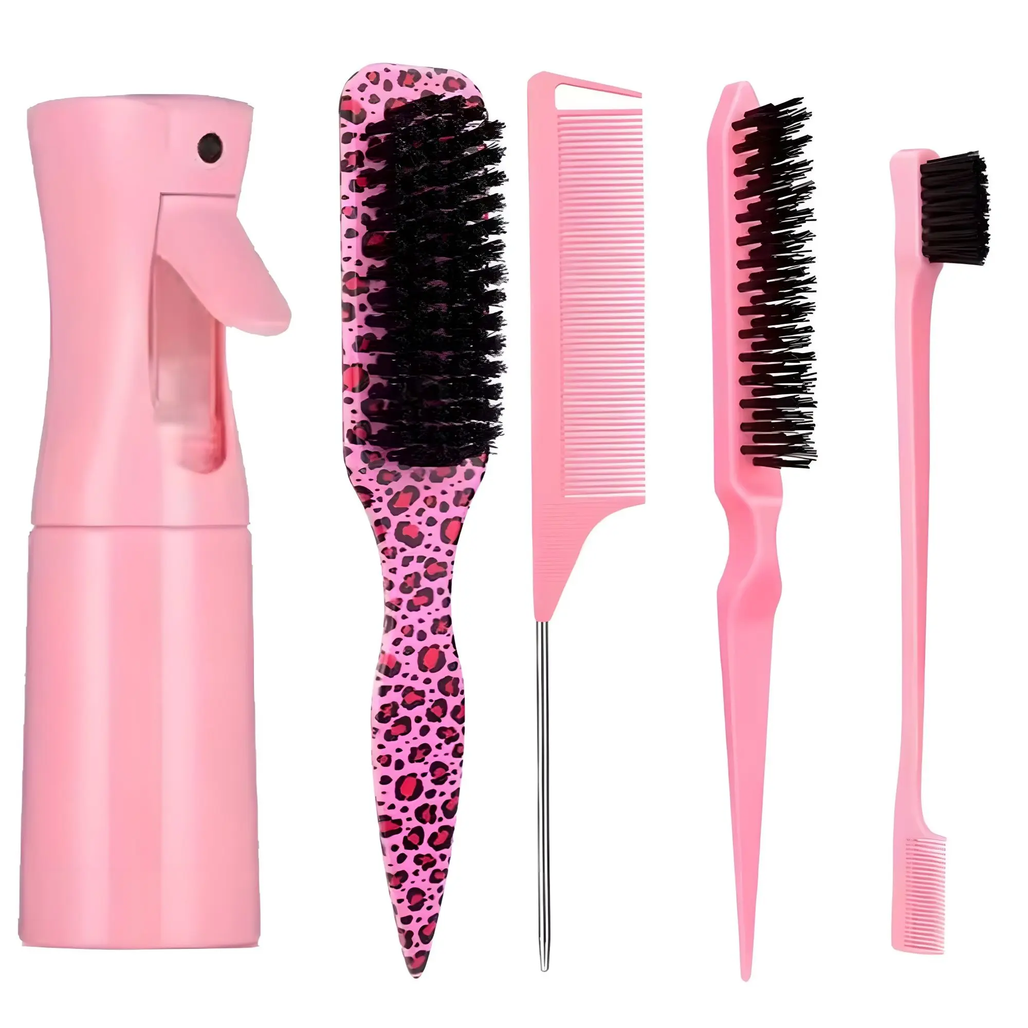 5-Piece Heatless Hair Styling Kit, Includes 300ML Spray Bottle, Flat-Back Comb & Edge Control Brush, Professional Salon Tools, Home Styling Tool
