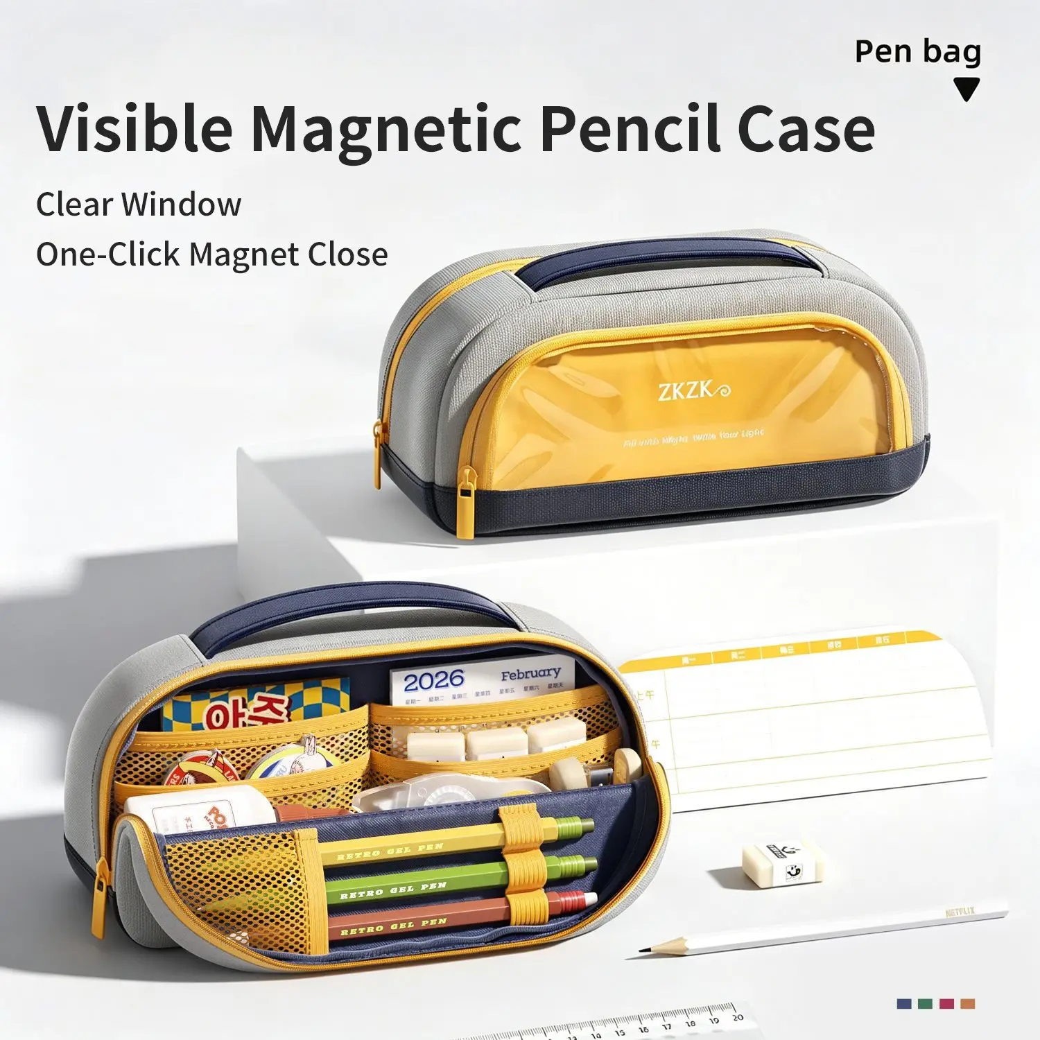 Triangle Visible Magnetic Pencil Case, Boy's Large Capacity High-Value Multi-Function Student Storage, Includes Schedule, Perfect Gift