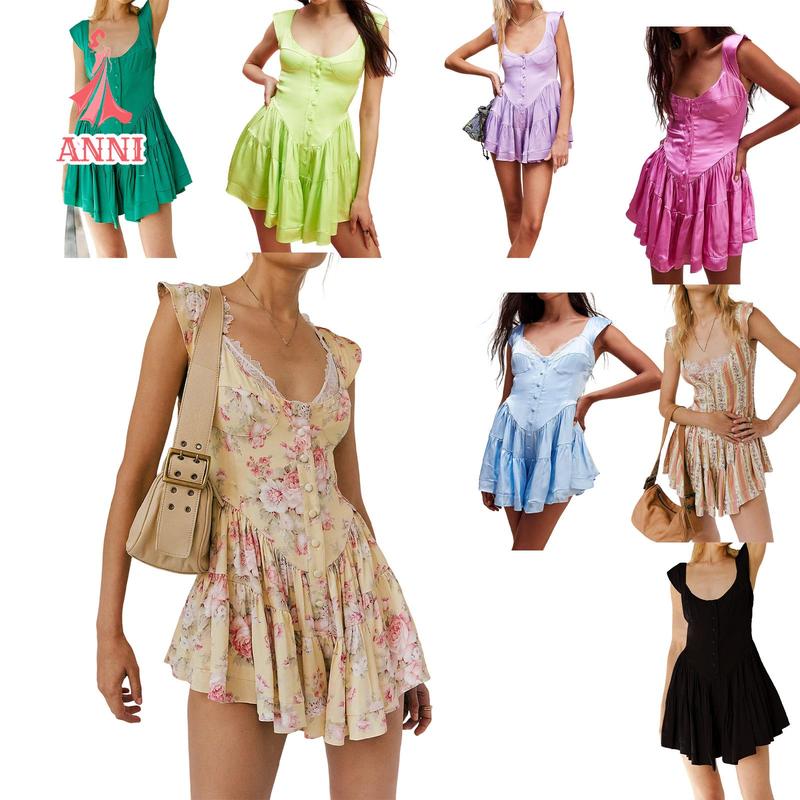 Women's Cap Sleeve Mini Dress Summer Fashionable Floral Print/Solid Color Scoop Neck A Line Ruffled Dress Women's Cap Sleeve Mini Dress Summer Fashionable Floral Print/Solid Color Scoop Neck A Line Ruffled Dress