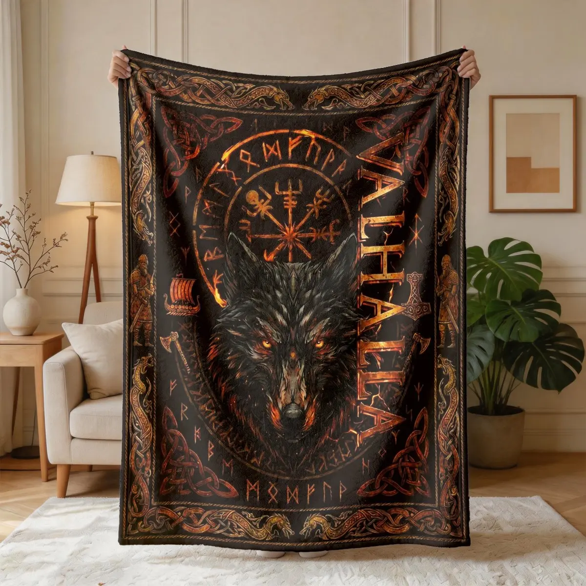 Nordic Viking Wolf Pattern Flannel Blanket, Large Size, Soft and Lightweight, Perfect for All Seasons, Ideal for Bed, Sofa, Office, Camping, Travel