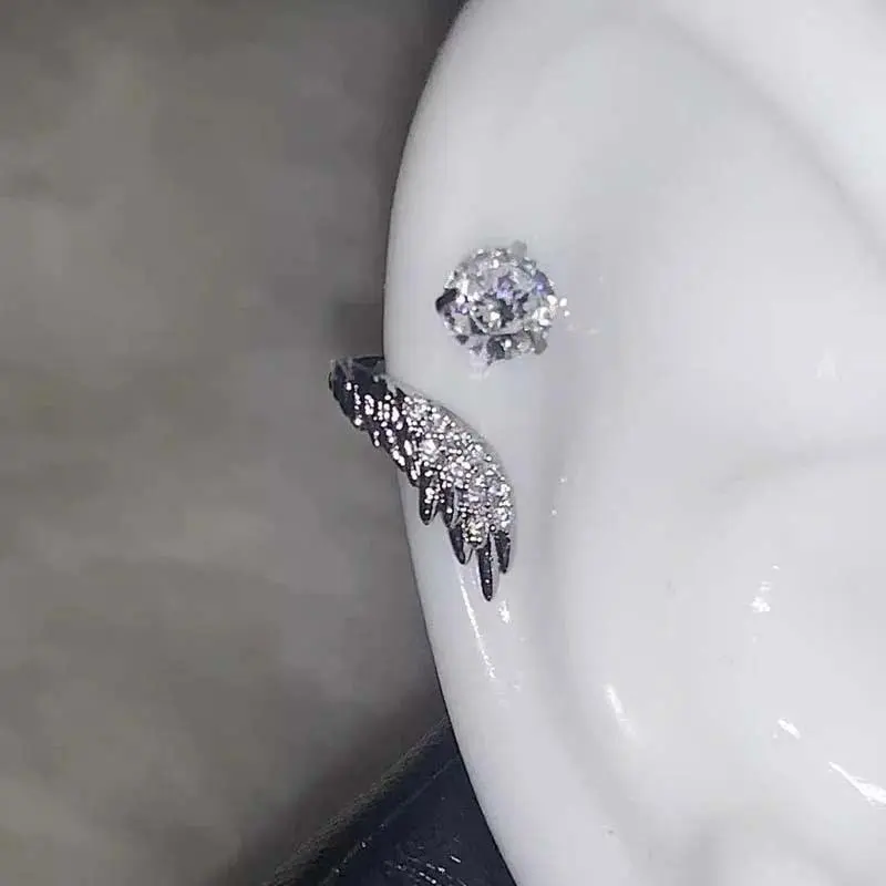 Women's Luxury Look Wing Shape Zircon Ear Bone Nail, Silver-Tone Metal Shiny Crystals Earrings, Wedding Jewelry Gift
