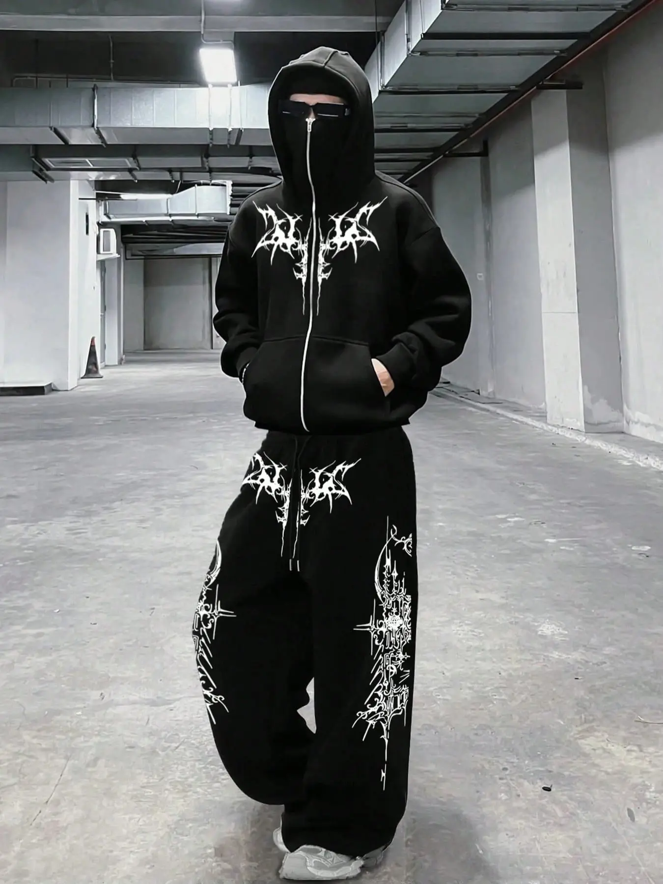 Dark Subculture Thorn Font Hooded Mask Open Front Sweatshirt Set for Men, High Street Gothic Print Loose Fit Wide Leg Sweatpants Two Piece Set Casual