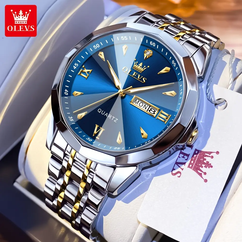 OLEVS Men's Analog-Digital Round Sports Watch, Multifunctional Stainless Steel Wristwatch with Date, Buckle Closure, Available in White/Gray/Blue, Quartz, 30M - 50M, 40Mm, All-Season