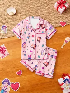 Kpop Demon Hunter Girl Full-Print Idol Style Set, Short Sleeve Shorts Cartoon Character Print, Breathable Comfort Home Wear