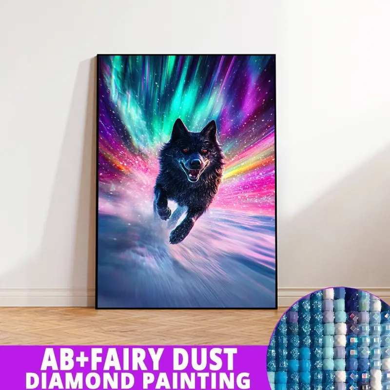 1PC framedless 5D Diamond Painting Kit-Black Wolf Running Under Aurora Borealis Black Wolf Running Under Aurora Borealis -Ornament Decorations for Home Resin Diamonds, AB Diamonds & Fairy Dust, Perfect for Adult Diamond Lovers,Holiday Gift