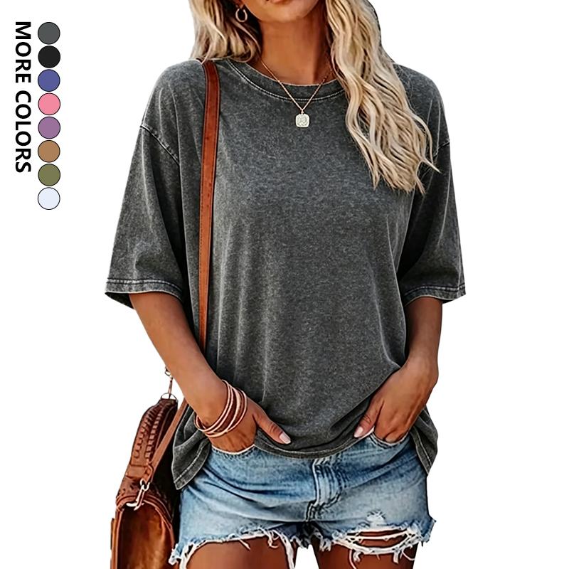 Women's 5-Pack Pure Cotton Washed Finish Short-Sleeve T-Shirt Set, Round Neck, Relaxed Fit, Distressed Print, Skin-Friendly Breathable, Minimalist Vintage Casual, Women's Tops, Machine Washable, Pairs with Jeans Shorts