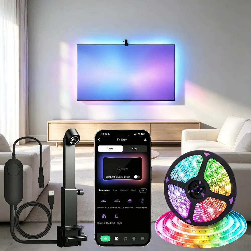 LED Smart Rgbic Backlight System with Sensor Function, APP-Controlled RGB Strip, USB Interface, Compatible with PC Monitor & TV, Game Syncing