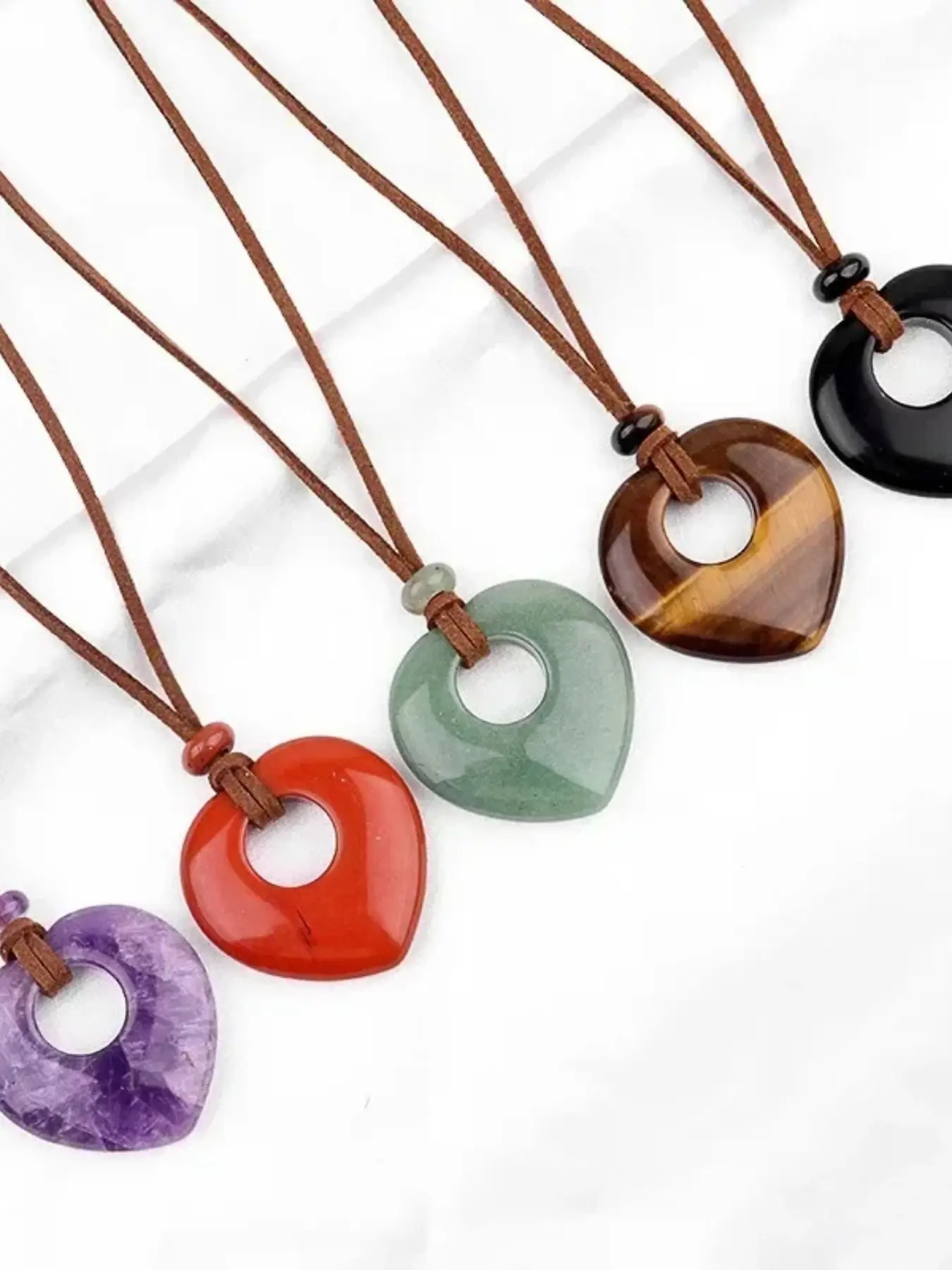 Natural Stone Heart Pendant Necklace, Adjustable Rope, Seven Chakras Series, Women's Jewelry Gift, Jade, Stone Heart Necklace