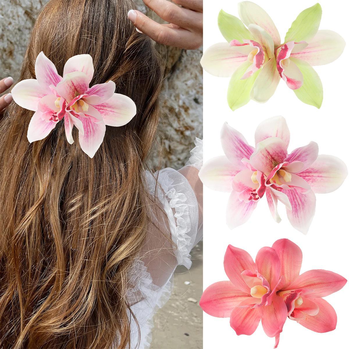 AWAYTR Orchid Flower Large Hair Clip Barrettes Boho Hawaiian Accessories for Women Girls Tropical Floral Bridal Beach Wedding Hairpin Hair Accessories 3Pcs/Set