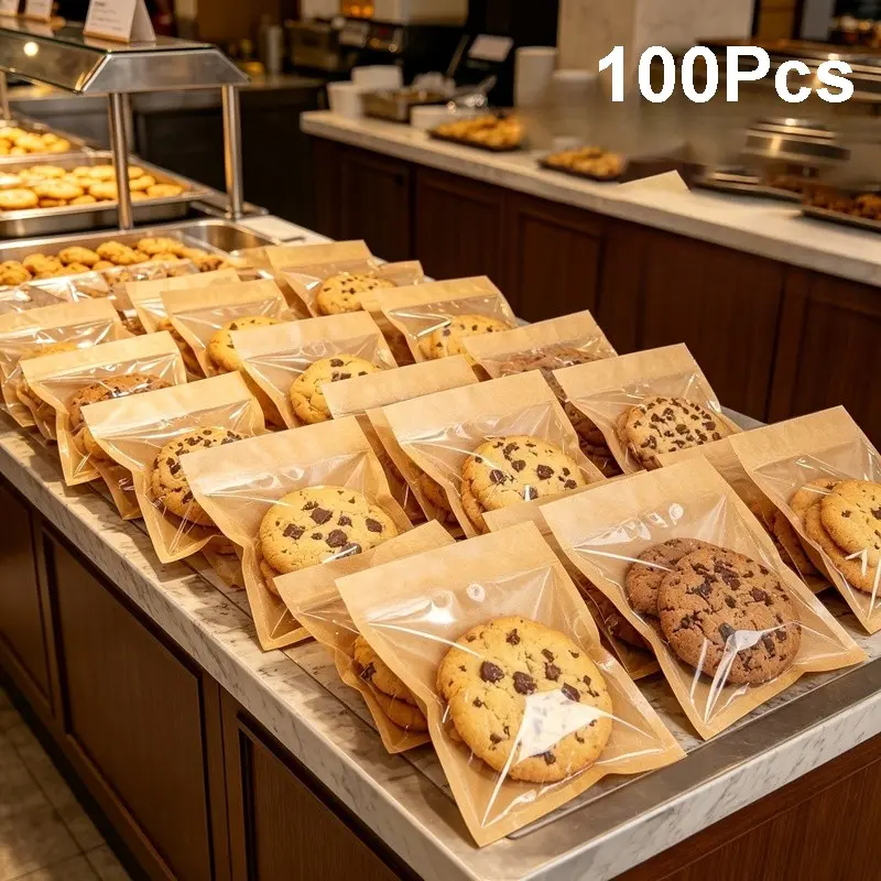 100pcs Baking Packaging Bags with Window And Flip Seal, Oil-Proof Individually Wrapped Food Grade Paper Treat Bags for Christmas, Birthday, Bakery Business, Perfect For, Donuts, Brownies, Bakery Cafe Gift Display Storage