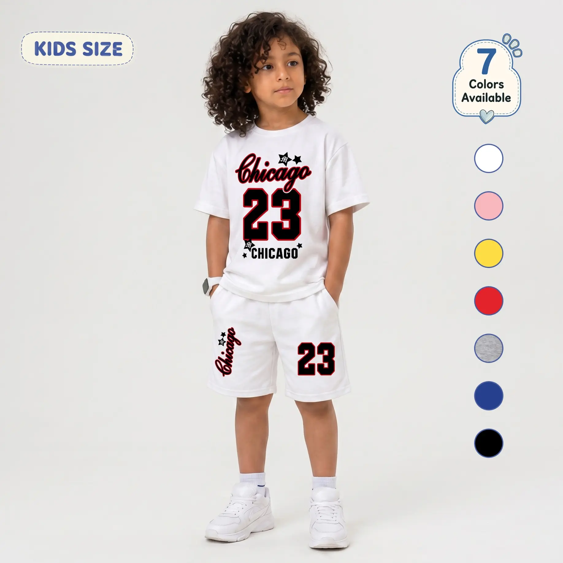 Boys’ Chicago 23 Graphic Print T-Shirt & Shorts Set, Casual Summer Two-Piece Outfit, Soft Breathable Street Sports Style Clothing for Kids, Daily Wear, School and Play