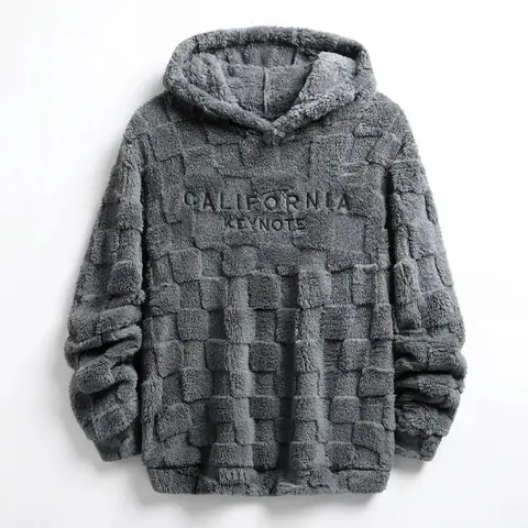 Men's California Embroidered Checkered Fleece Hooded Pullover - Long Sleeve Themed Design Streetwear Clothing, Loose Fit, Textured Shoulder-Blade Style, Men's Streetwear, Christmas Gift for BF, Casual Wear