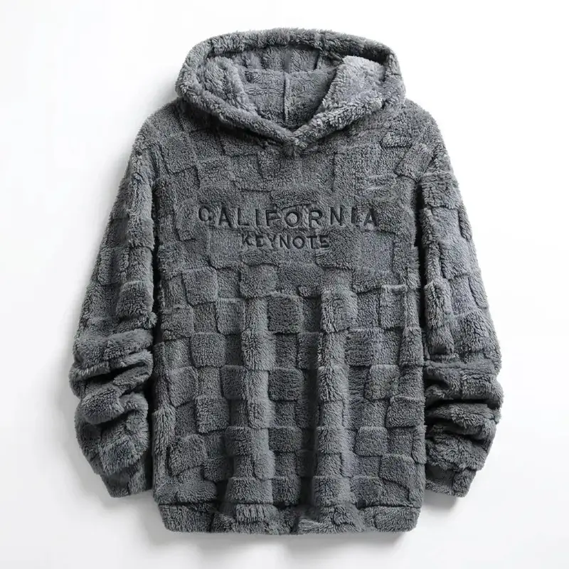 Men's California Embroidered Checkered Fleece Hooded Pullover - Long Sleeve Themed Design Streetwear Clothing, Loose Fit, Textured Shoulder-Blade Style, Men's Streetwear, Christmas Gift for BF, Casual Wear