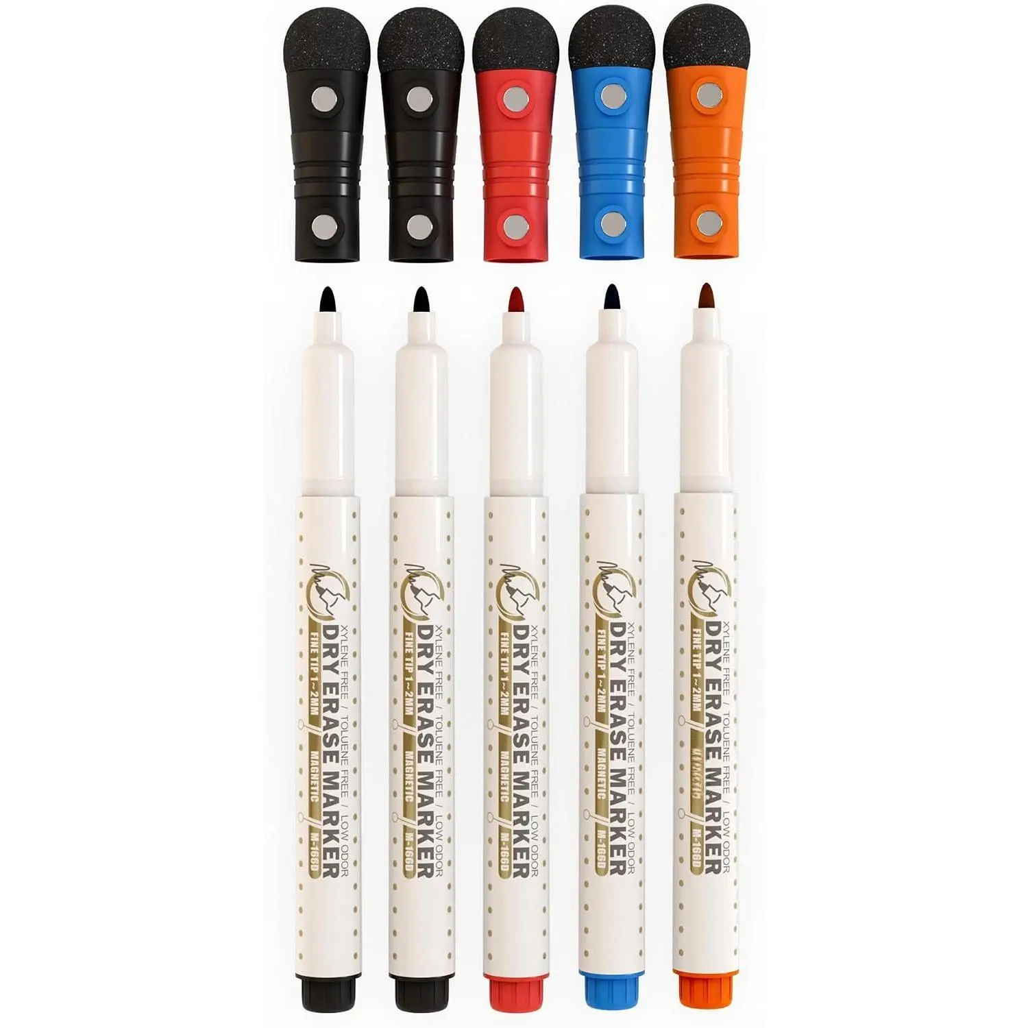Dry Erase Whiteboard Markers, 1mm Fine Tip, 5-Pack (2 Black + Classic Colors), Secure Hold, Easy-Erase Ink, Eraser Caps, 5 Spare Tips, Erase Easily