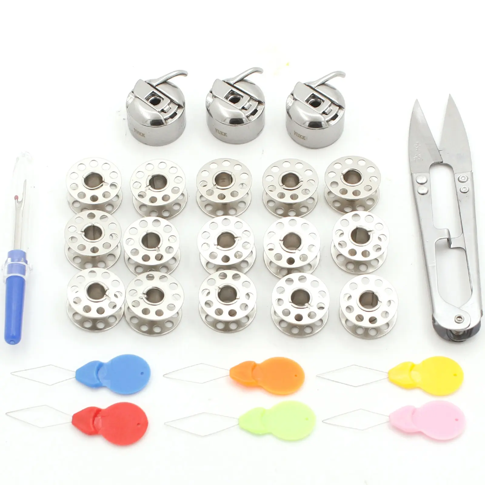 Sewing Machine Bobbin Set, Sewing Supplies, Includes 3 Bobbin Cases, 15 Bobbins, Scissors, Threading Tool, Stainless Steel Bobbin Case for Home Sewing Machines