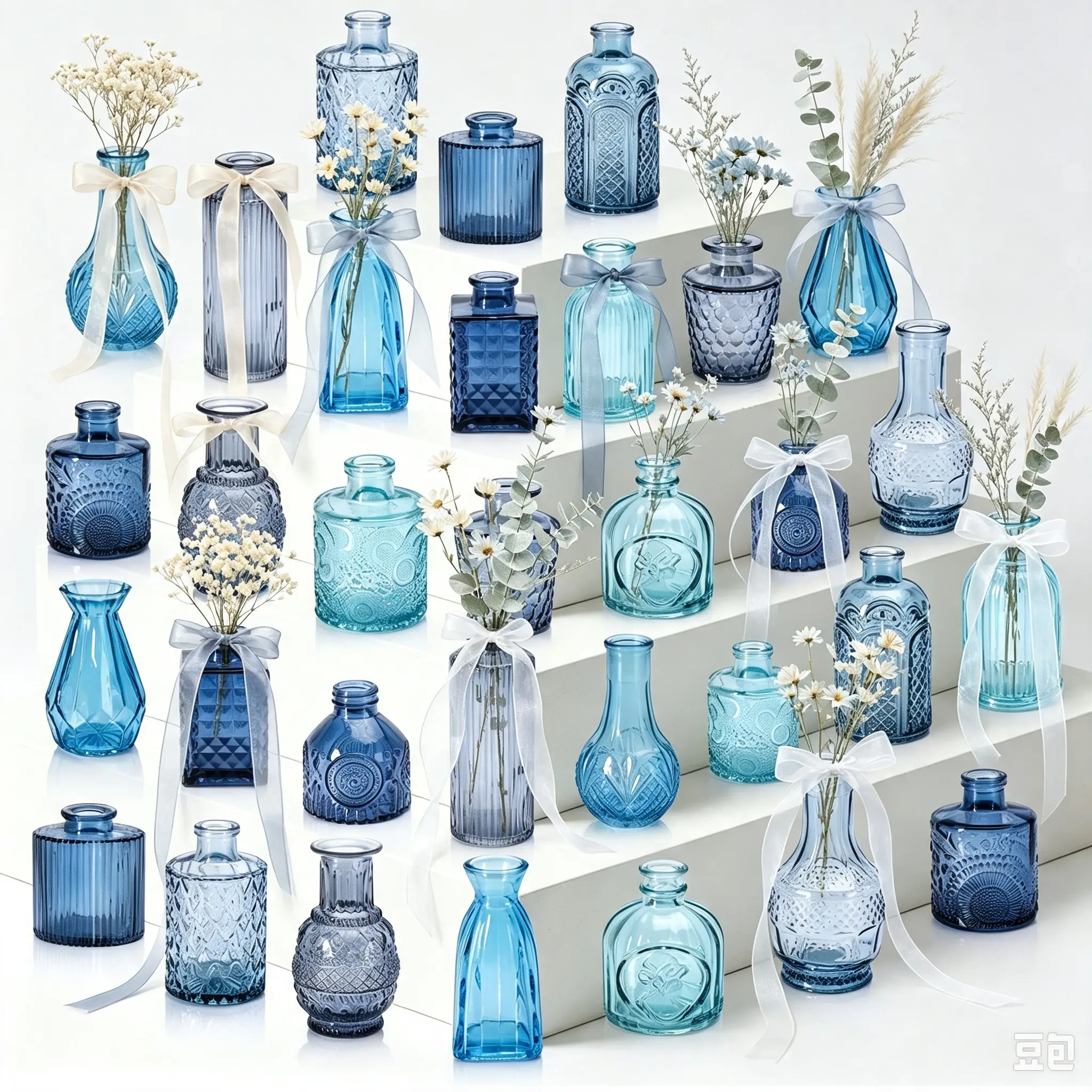 32 PCS Assorted Vintage Bud Vases, Colorful Glass Small Vases Bulk, for Centerpicecs, Wedding Table Decor, Home Decorations & Gifts (Blue Seiris)