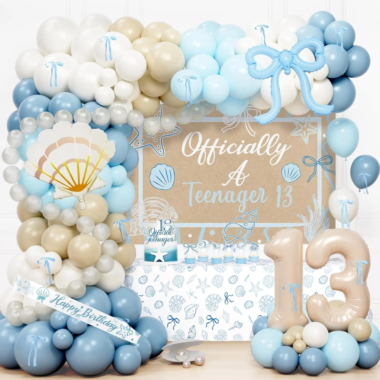 Costova Seashell Officially A Teenager Party Decorations, Coastal Beach Ocean 13th Birthday Decor Sea Shell Party Supplies with Blue Balloons Tablecloth Backdrop Sash Cake Cupcake Topper