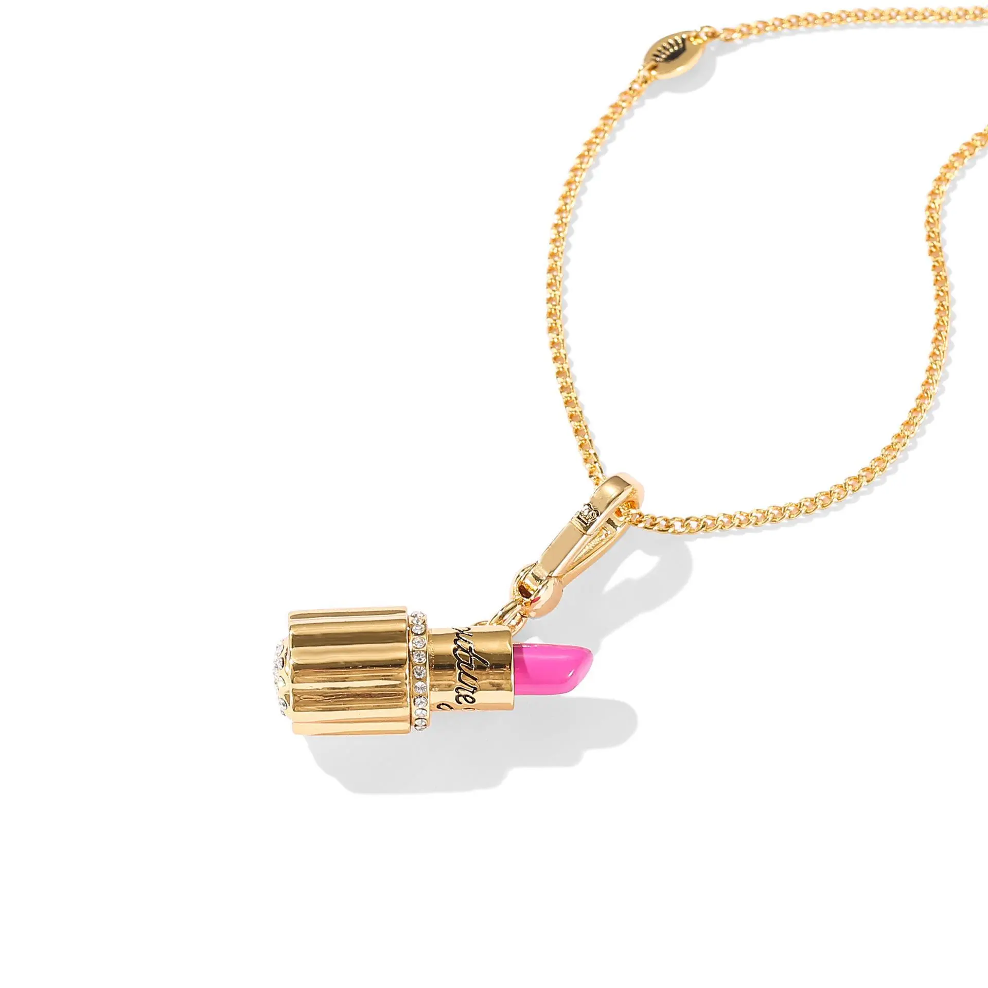 vibecharm Retro Gold Plated Pendant Necklace with Pink Lipstick Enamel Charm, Casual Daily Jewelry for Women, Long