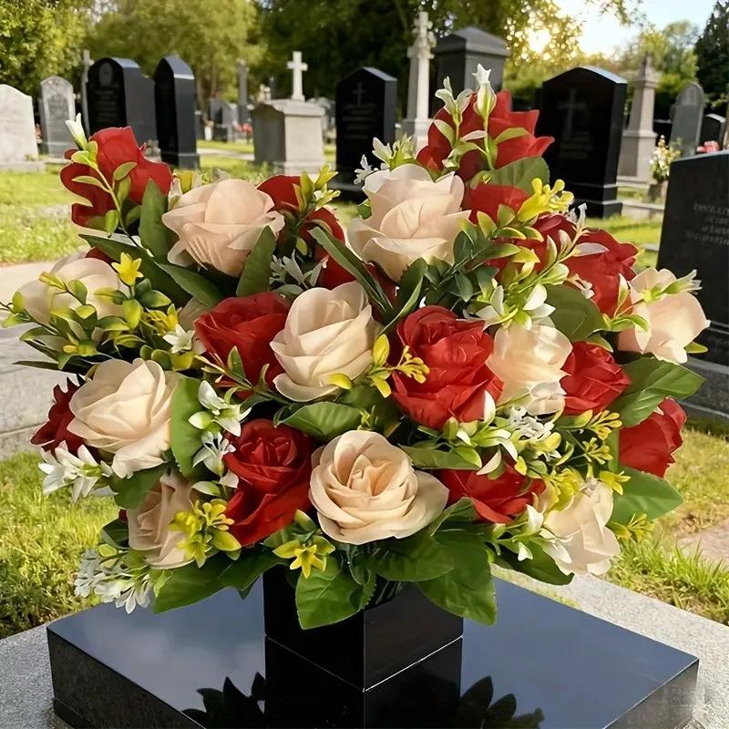 4 Artificial Rose Bunches, Weatherproof Plastic Outdoor Decor, Mourning Gift, Thanksgiving & Anniversary Decoration, No Vase Included