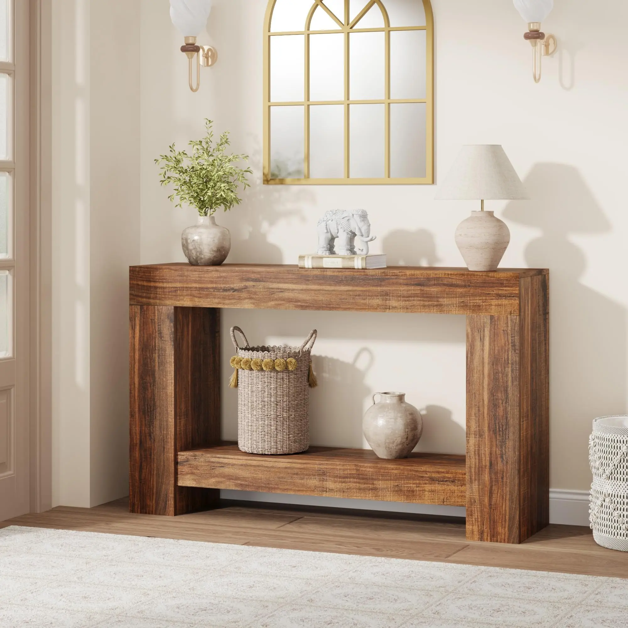 Space Saving Farmhouse Console Table with Double Tier Open Storage, Long Sofa Table Placed Behind Couch, Versatile Decor Furniture for Entryway Hallway Living Room - summergarden