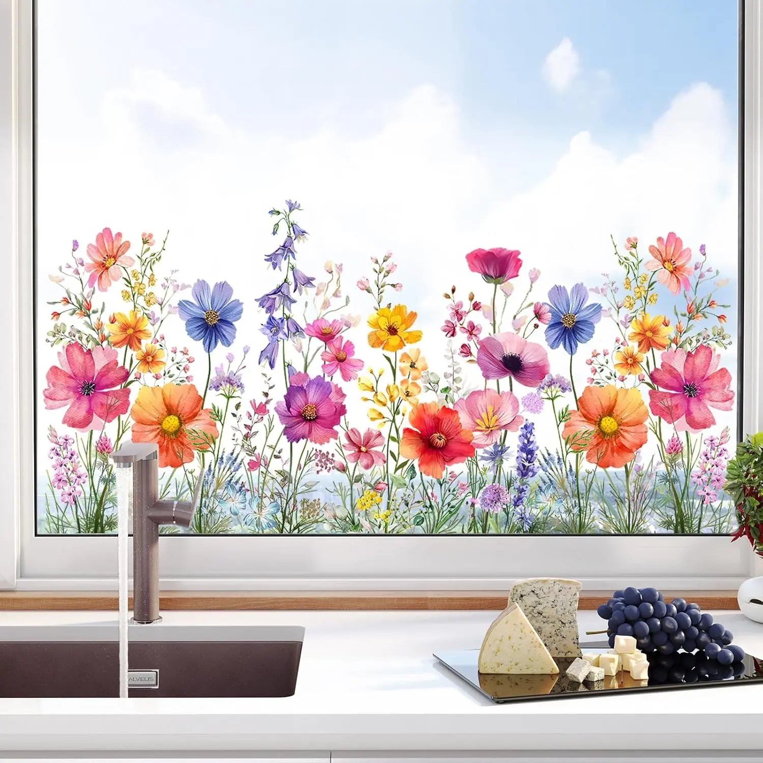 Double-Sided Static Anti-Collision Wildflowers Vinyl Window Clings - 30x60cm Single Sheet Decorative DIY Floral Glass Stickers for Home, Garden Classroom Doors (Home Supplies), Smooth