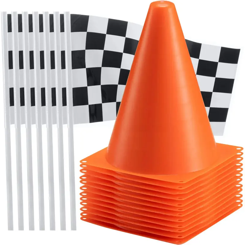 36-Pc Reusable Plastic Race Car Birthday Party Decorations Pack for Child - 12 8" Tall Orange Mini Cones, 24 Black and White Checkered 6" x 4" Flag Sticks, Festive Centerpiece Supplies, Gifts & Props