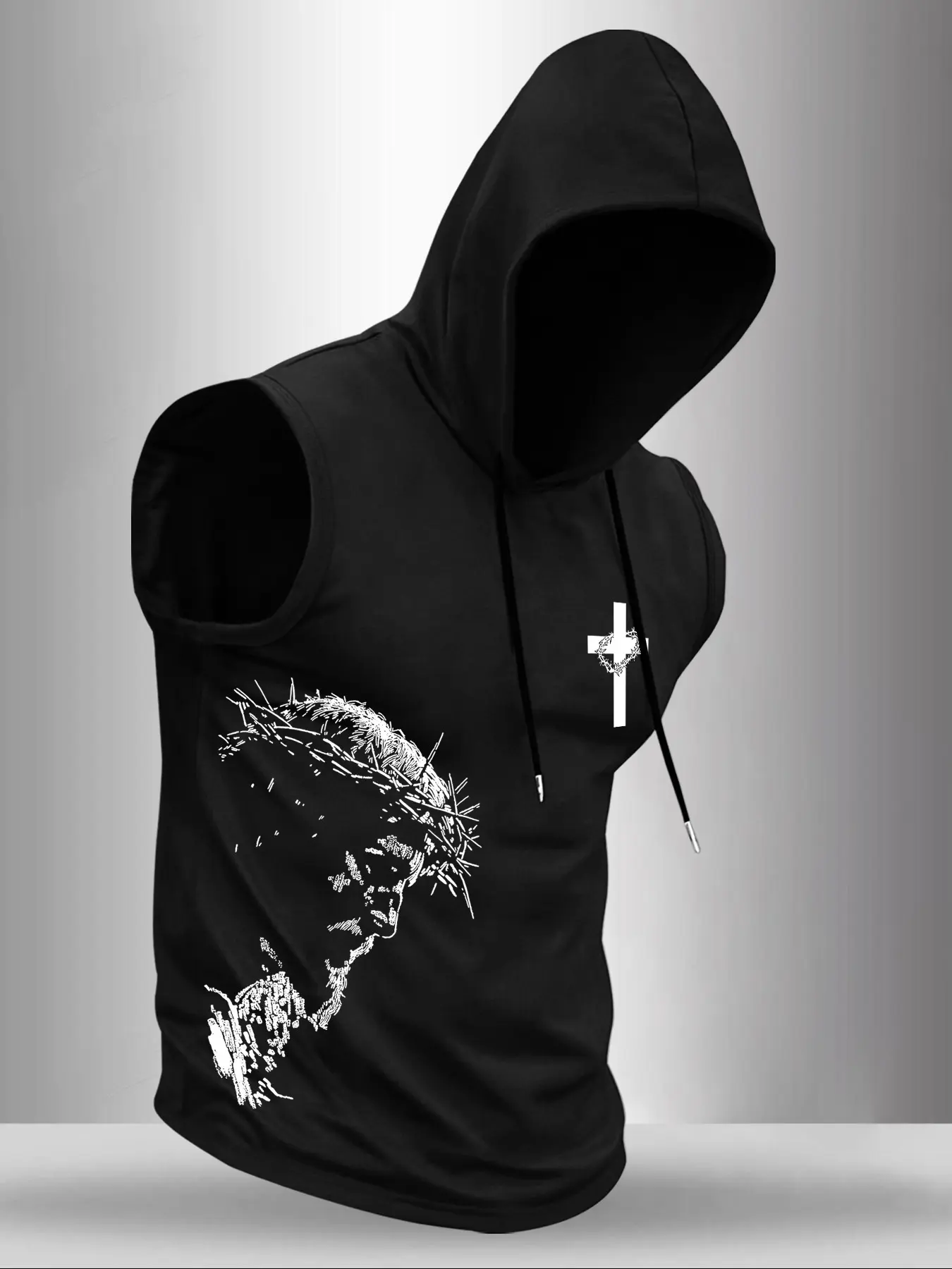 Men's Thorn Crown Portrait Cross Graphic Sleeveless Drawstring Hooded Tank Top, Sleeveless Gym Tops, Faith Inspired Gym Training Street Casual Athletic Vest, Sports Vests For Workout Daily Outdoor Wear