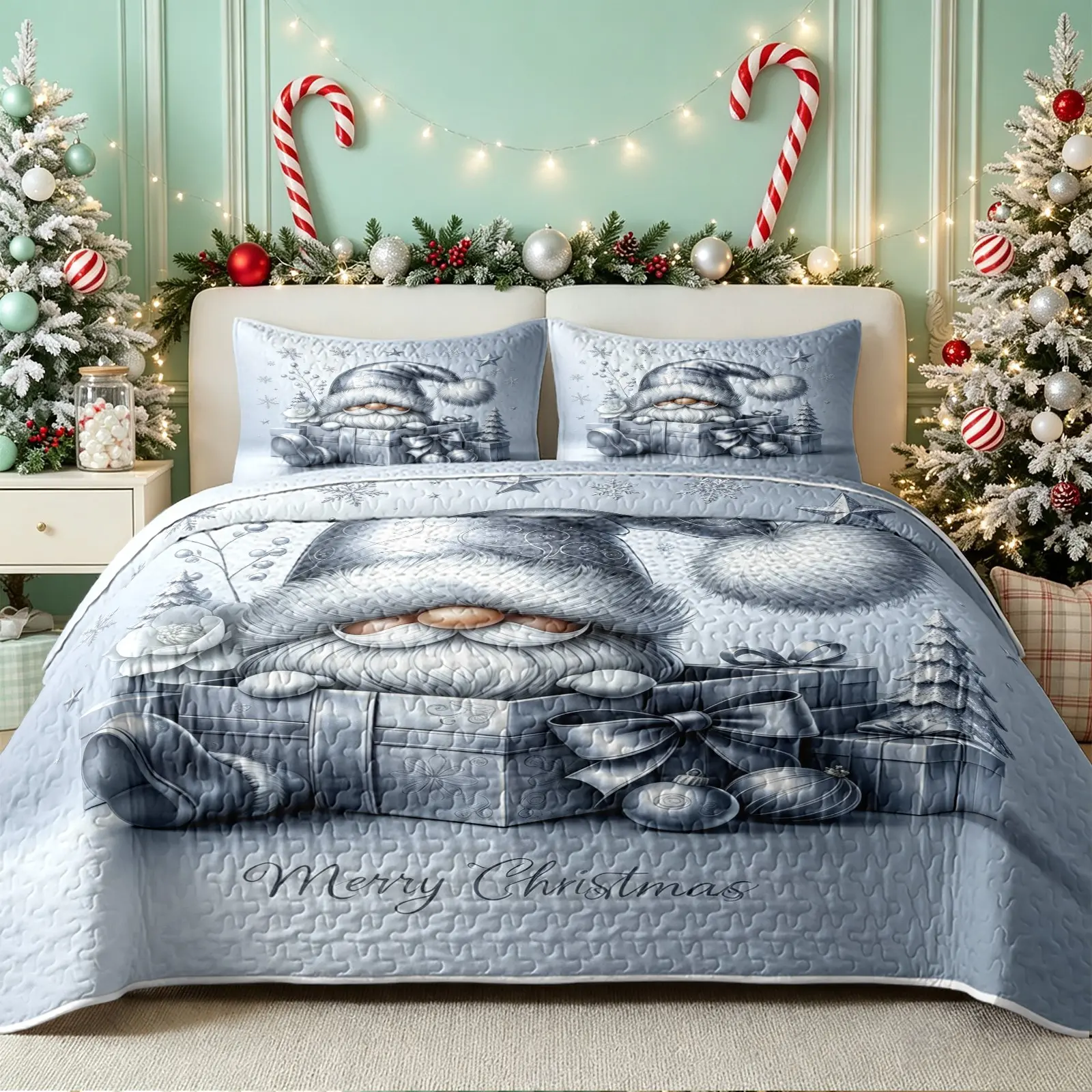 3Pcs Silver Gnome Christmas Quilt Set, Printed Bedding Set, 1 Quilt Plus 2 Pillowcases, Christmas Tree Snowflake Star Print, Silver Christmas Style, Reversible Lightweight, No Inner Filling, All Season Bedding, Bedroom Holiday Decor, Christmas Gift