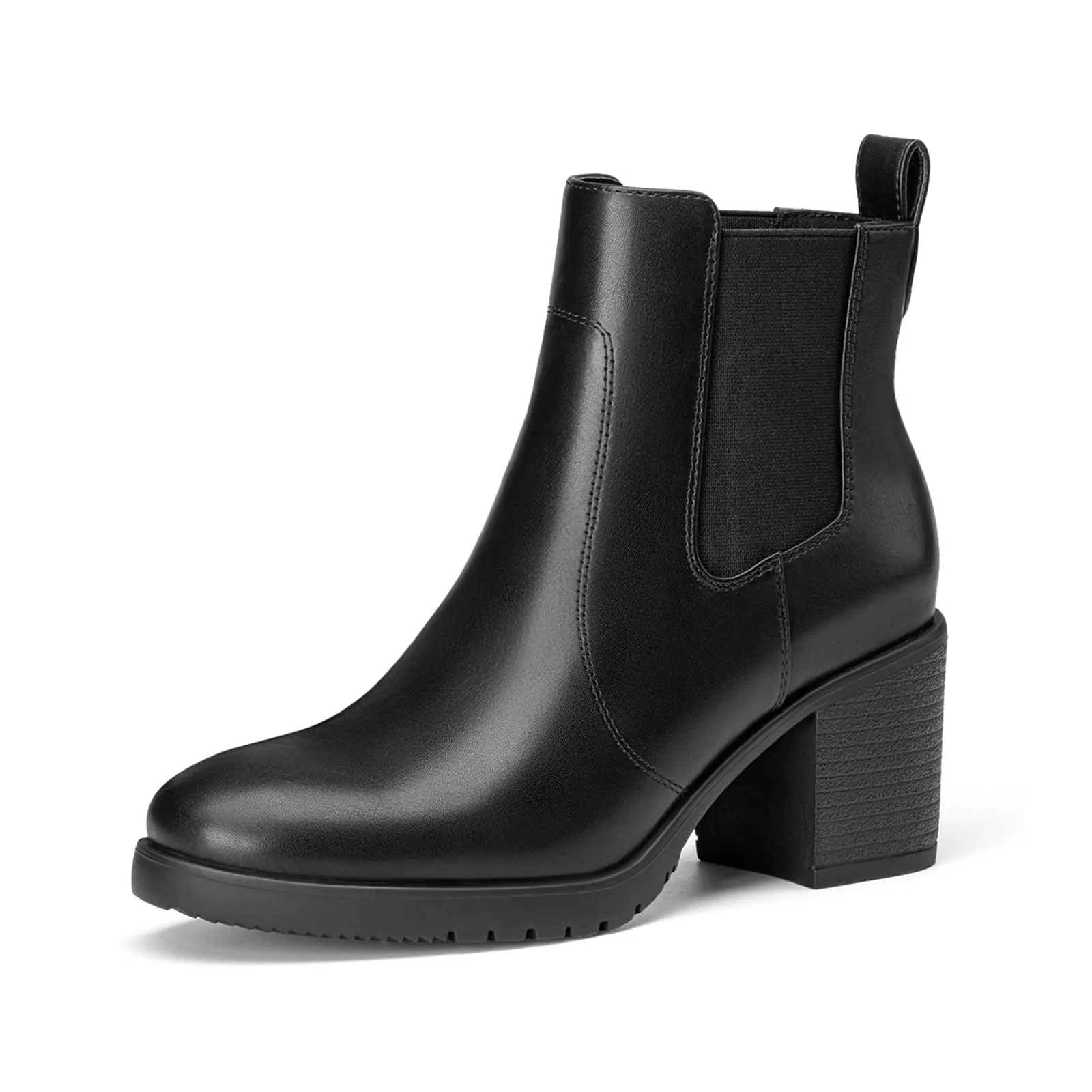 Women's Comfortable Elastic Slip-On Chelsea Ankle Boots - 2.76-in Chunky Block Heels, Round Toe, Non-Slip Leather/Rubber Outsole, All-Season for Daily Wear & Office Work, Block Heel