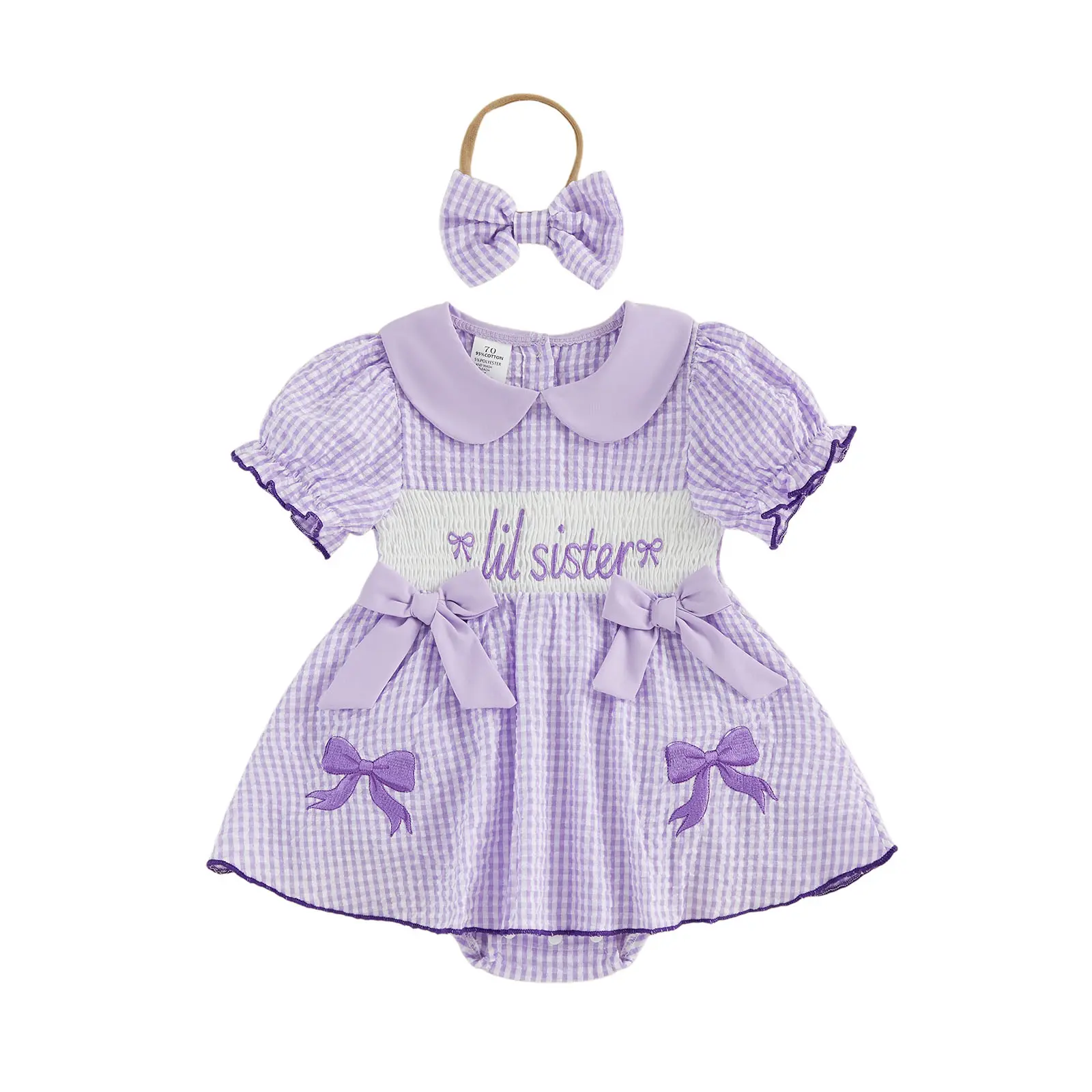 Newborn Outfit Baby Girl Smocked Romper Dress Little Sister Short Puff Sleeve Doll Collar Bow Embroidery Plaid Bodysuit with Headband 0-24 Months