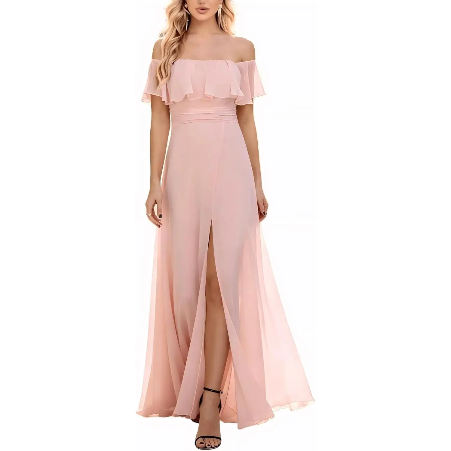 Women's Formal Chiffon Bridesmaid Dress - Off-Shoulder Sleeves, Ruffle Accents, Long Flowy Maxi with Slit, Elegant Fabric for Wedding Guests & Prom Events