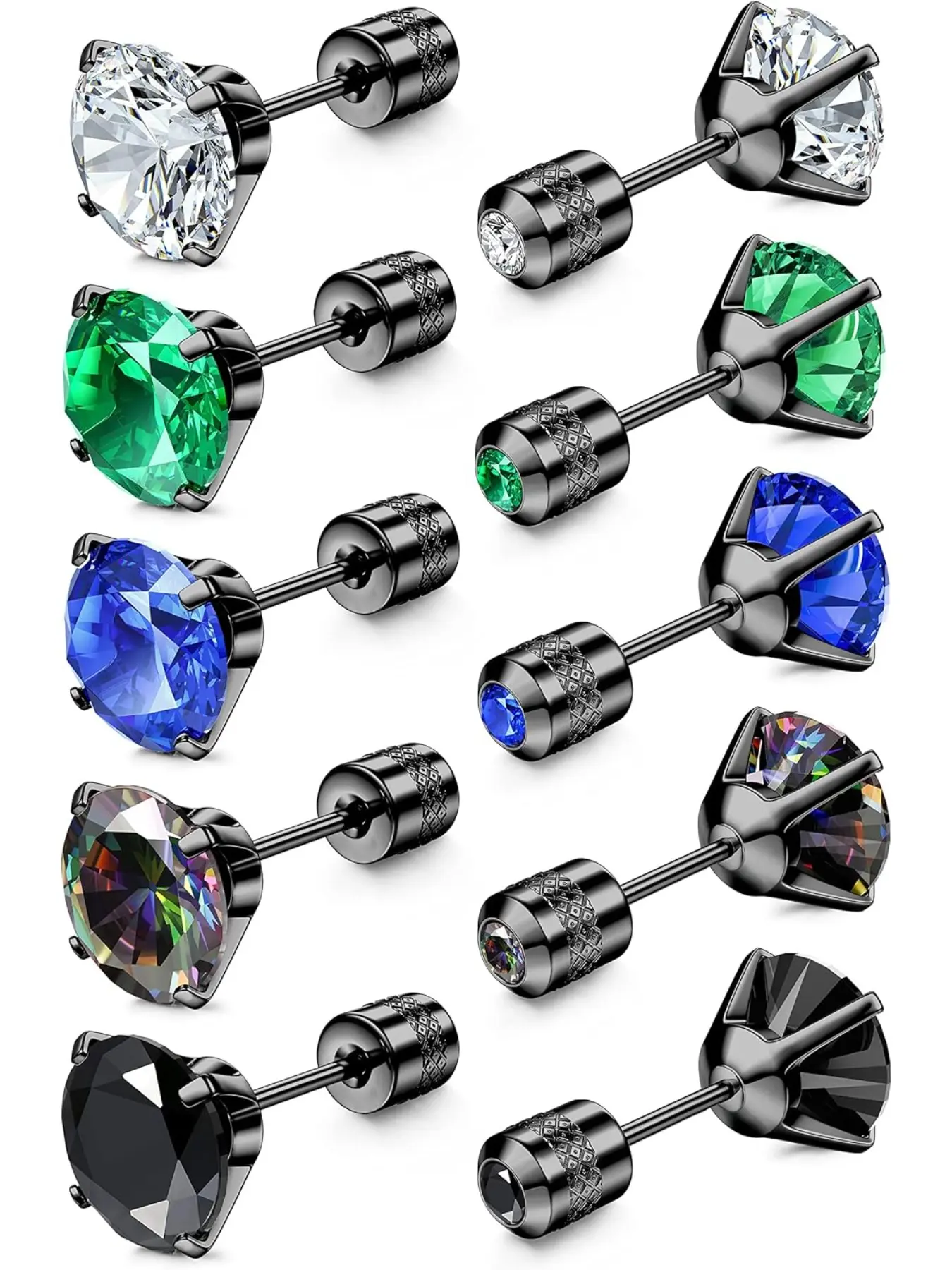 5 Pairs Titanium Screw Back Surgical Stainless Steel Stud Earrings for Women Men, Rainbow 5A Cubic Zirconia Sleep Hypoallergenic Stud for Sensitive Ears, Hypoallergenic CZ Earrings
