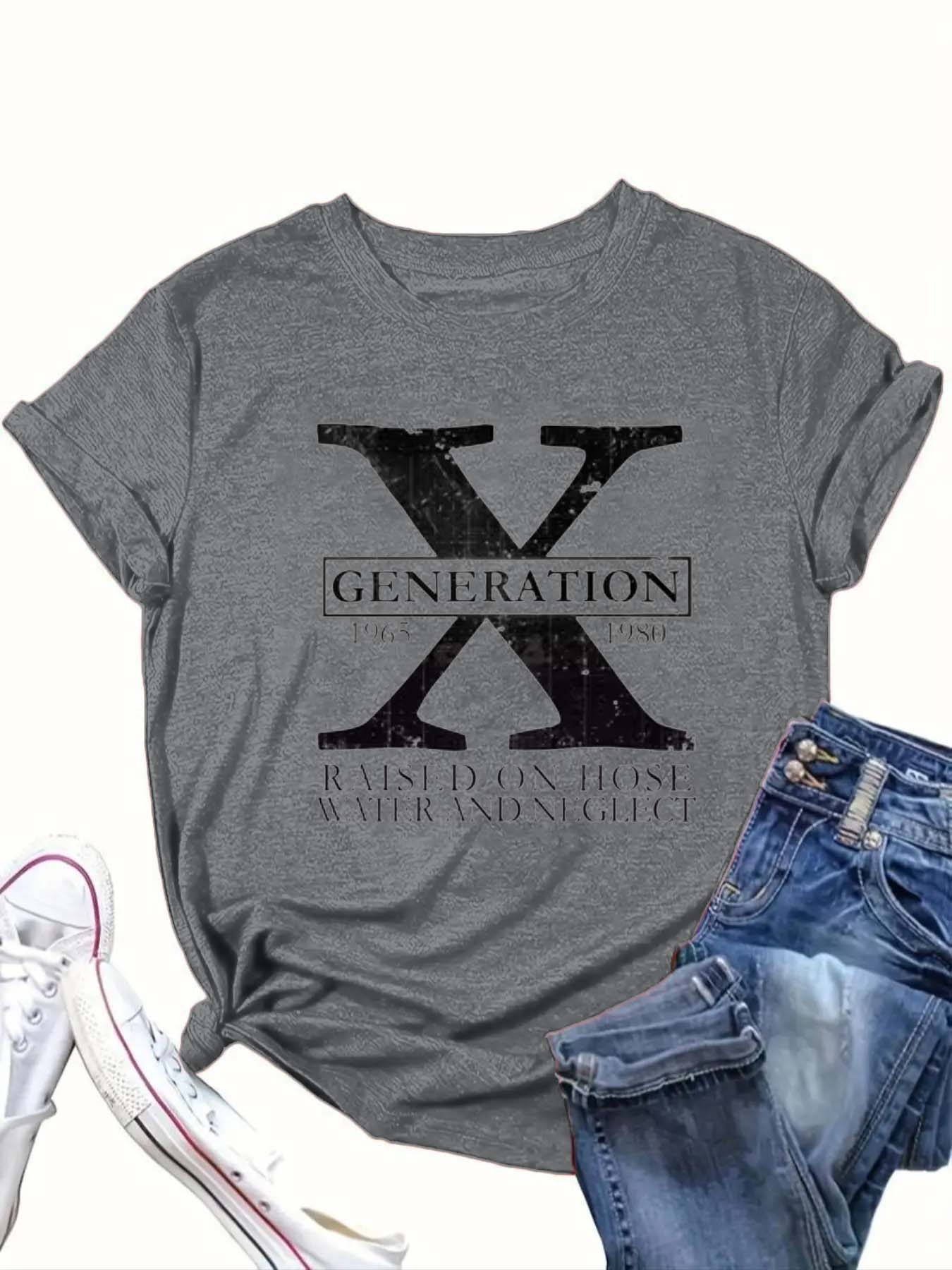 【Plus Size】 Letter Print Round Neck Tee, Casual Short Sleeve Crew Neck Printed T-Shirt for Daily Outdoor Wear, Women Clothing for All Seasons