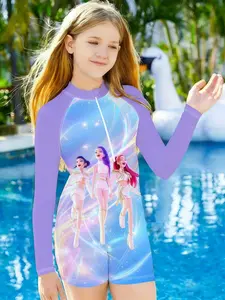 Girls' Summer One-Piece Swimsuit, Sleeve Gradient Print, Long Sleeve Beach Sun Protection, Half-Zip Swimwear for Vacation