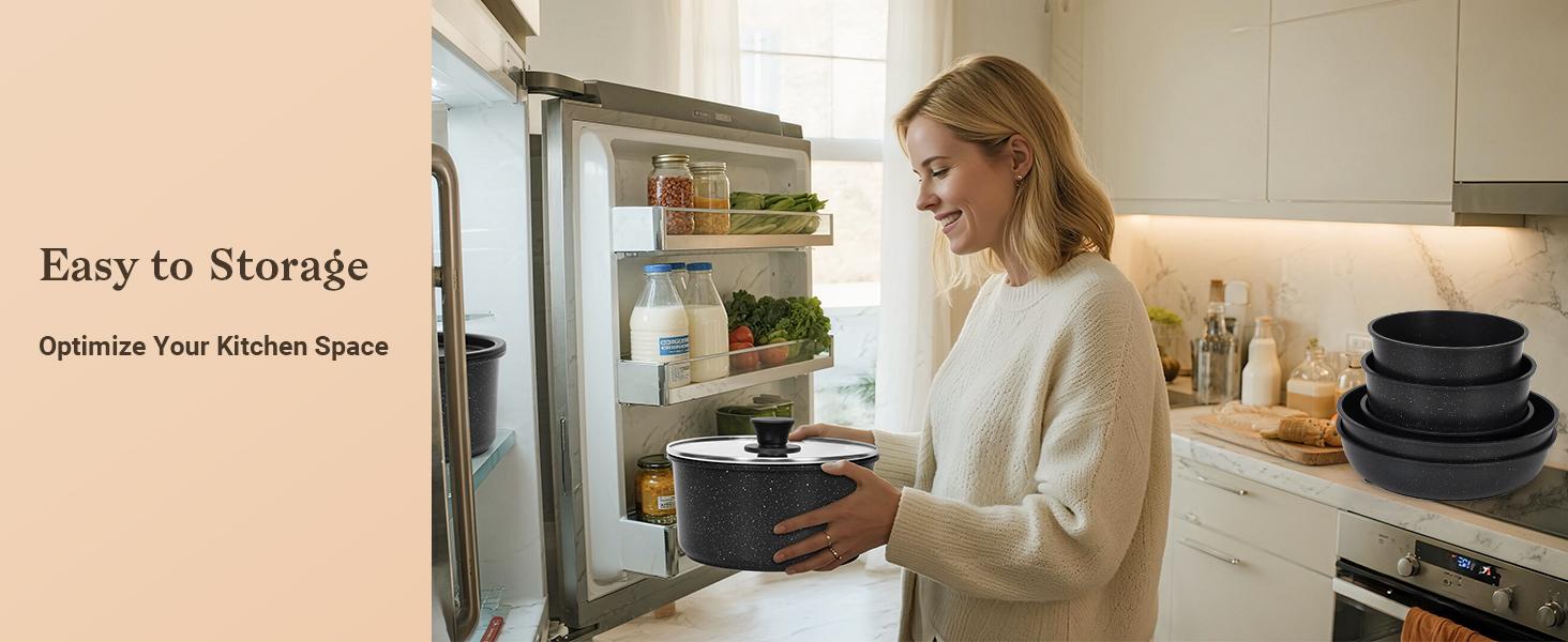 15Pcs Pots and Pans Set Non Stick, Cookware Sets with Detachable Handle, Nonstick RV Kitchen Cooking Tools Removable Handles, Oven Safe, Induction Fast, Stackable Induction Cookware,Black