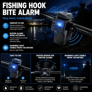 2-Pack Bite Alarm Fishing Rod Alert with LED Light, High Sensitivity Sensor, Waterproof Design, Universal Mount for Multiple Rods, Portable Fishing Accessory