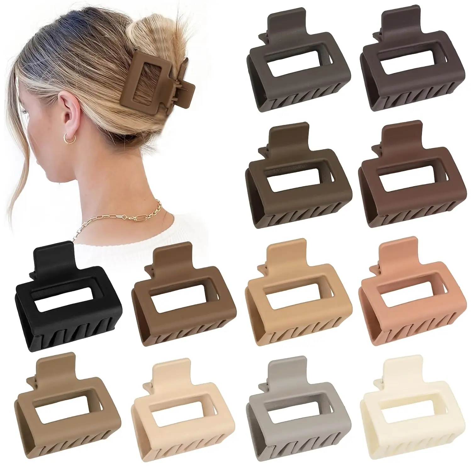 2 Inch Medium Hair Claw Clips 12 count Square Hair Claw Clips for Thin Hair Matte Nonslip  Banana Jaw Clips Bulk Hair Accessories for women and Girls (Brown)
