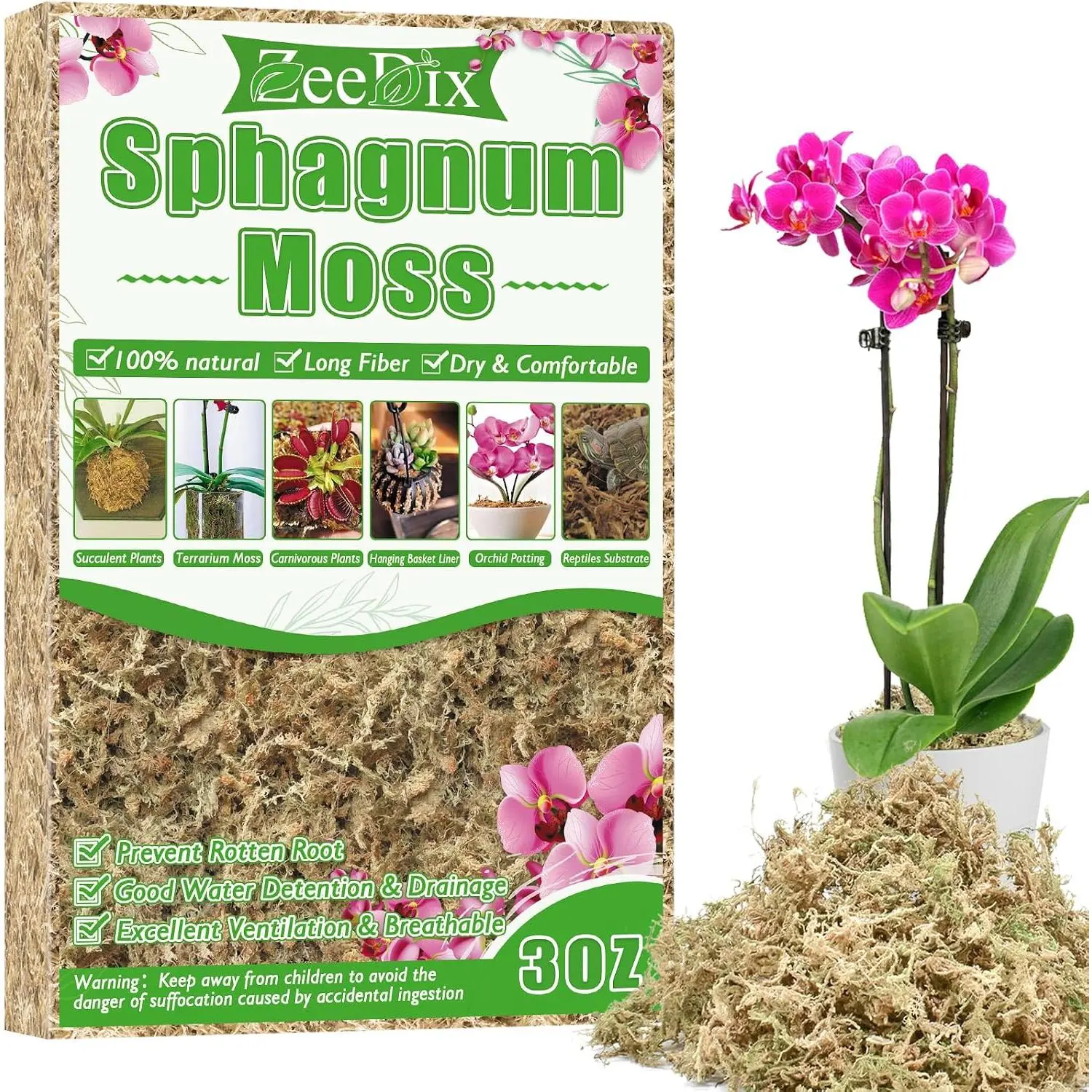 4 qt Sphagnum Moss for Indoor ,  Dried Long Fiber Moss for Orchid Repotting, Carnivorous , , Monstera, Flower & Reptile Terrariums Habitats (3 oz)